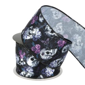 2.5" x 6.6yd. Black Skulls & Roses Wired Ribbon by Celebrate It®