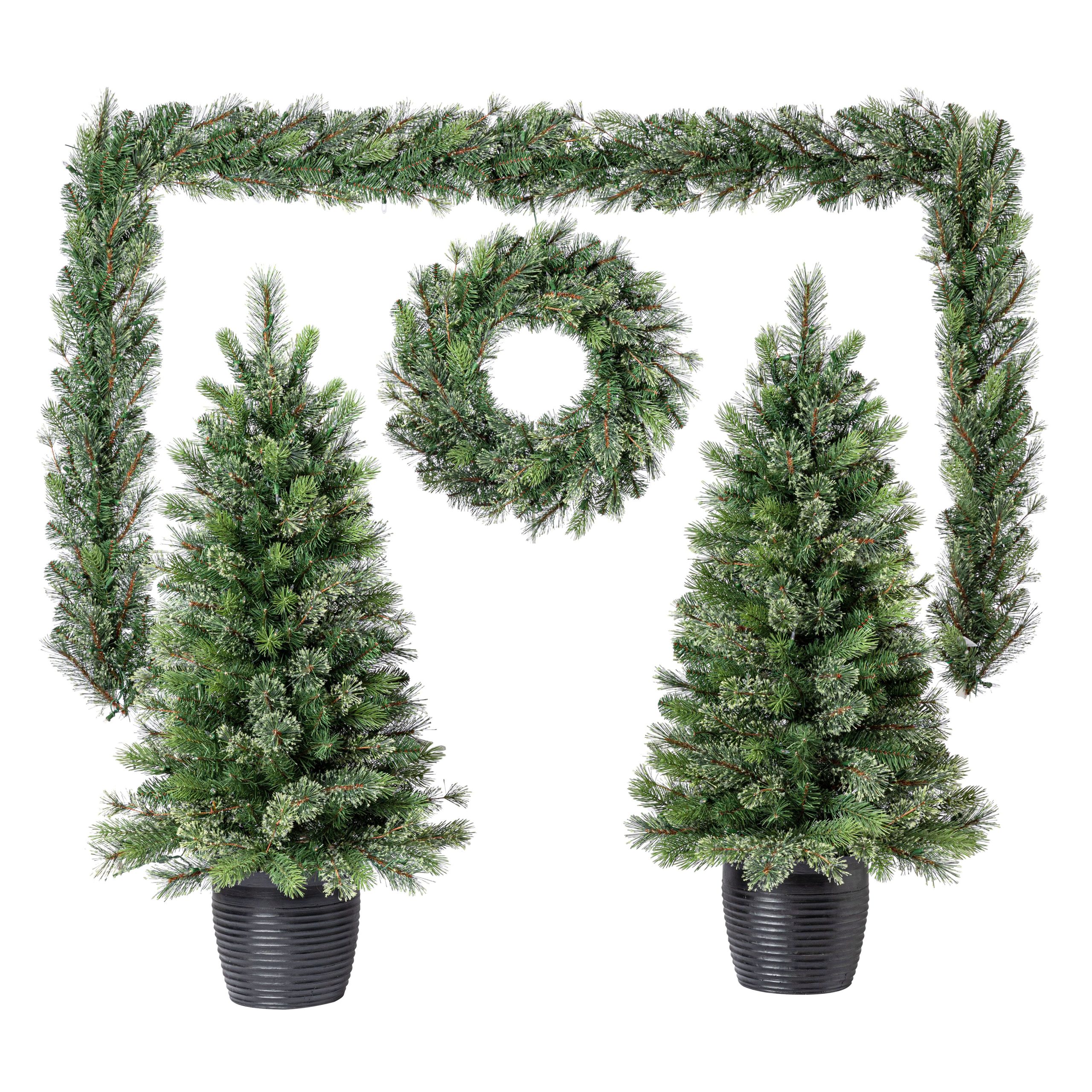 5pc. Pre-Lit Jackson Spruce Potted Artificial Christmas Trees, Garlands & Wreath Set, Warm White LED Lights by Ashland® - Image 3