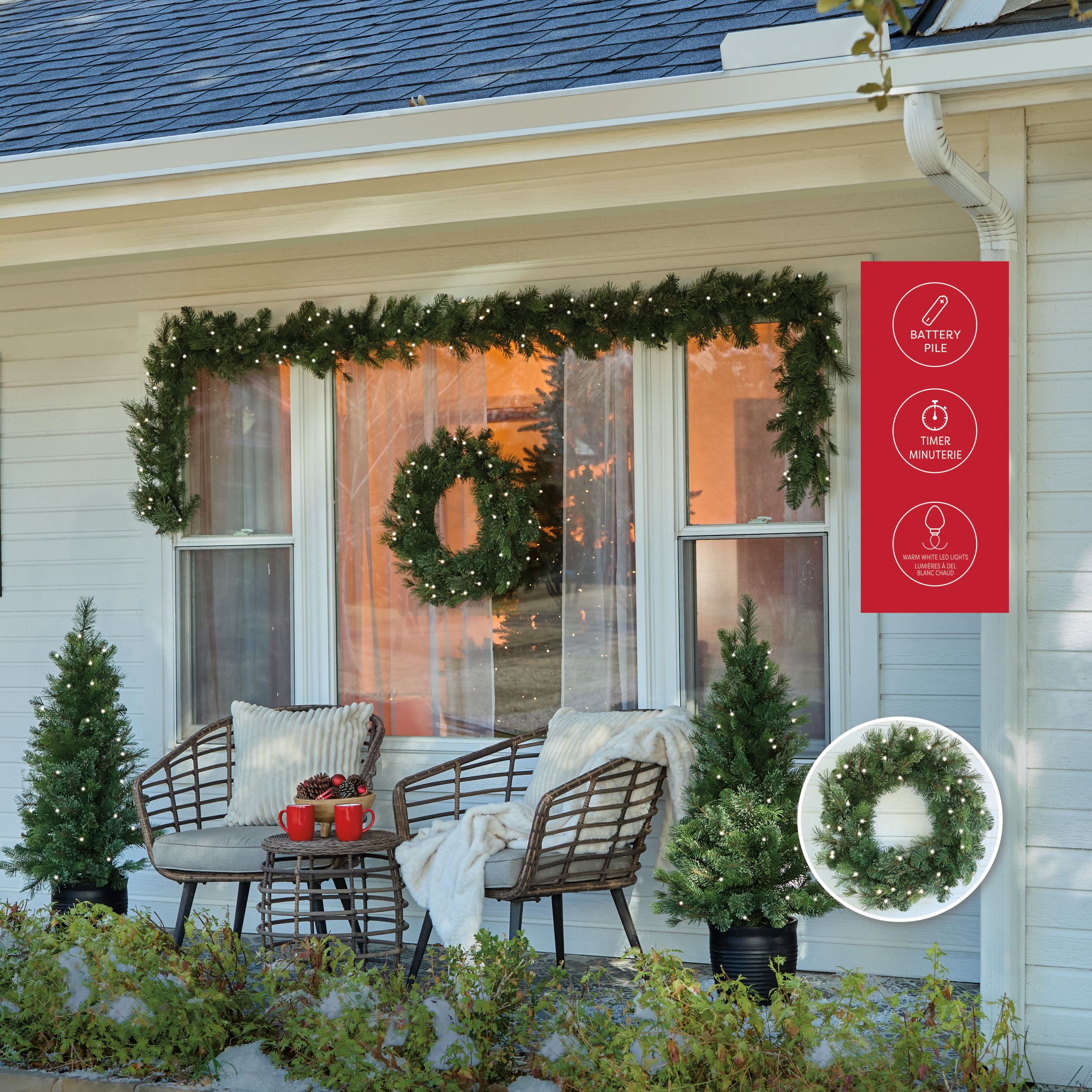 5pc. Pre-Lit Jackson Spruce Potted Artificial Christmas Trees, Garlands & Wreath Set, Warm White LED Lights by Ashland® - Image 4