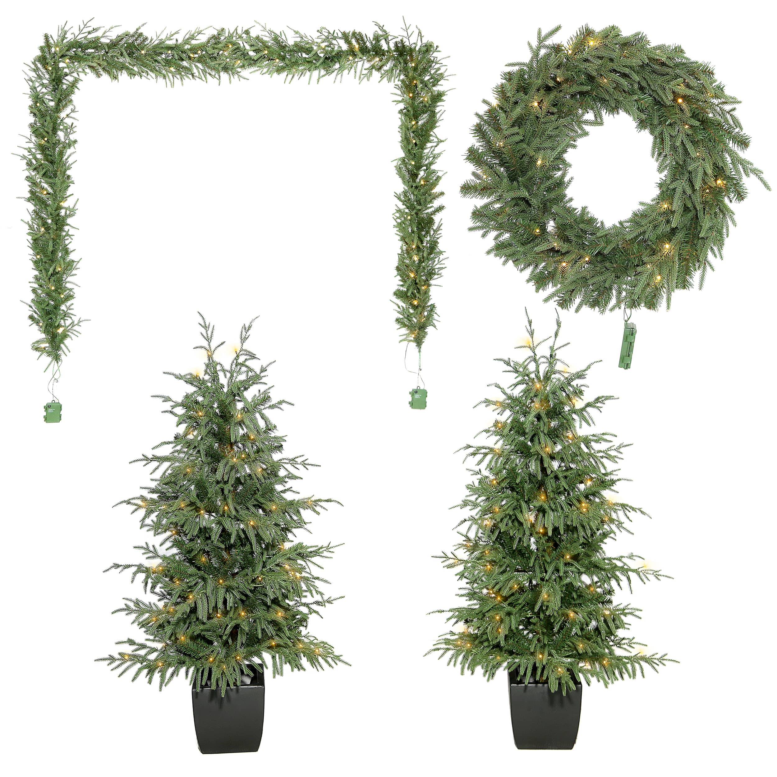 5pc. Pre-Lit Norfolk Pine Potted Artificial Christmas Trees, Garlands & Wreath, Warm White Mini LED Lights by Ashland® - Image 2