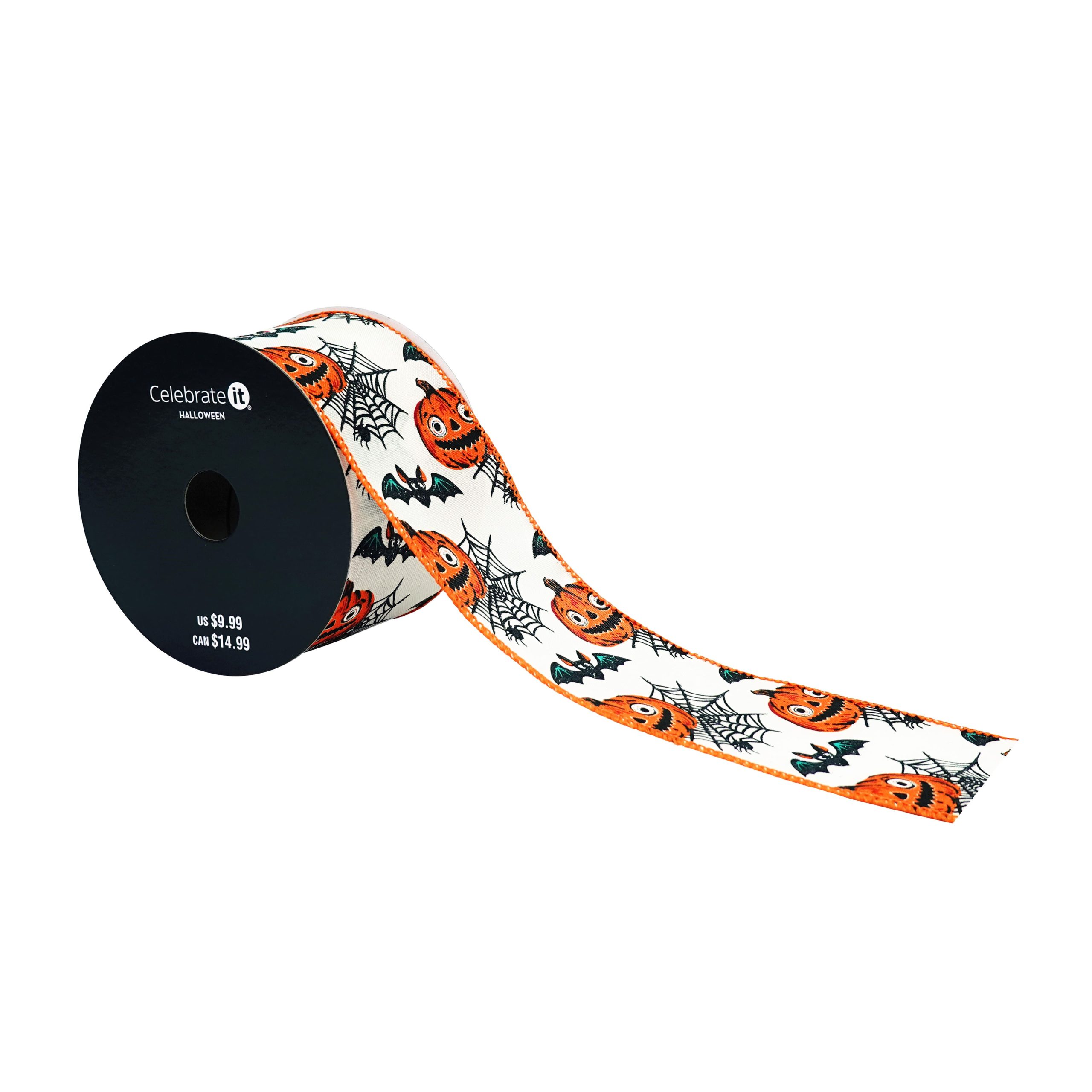 2.5" x 6.6yd. Jack-o'-Lanterns & Bats Wired Pongee Ribbon by Celebrate It® - Image 2