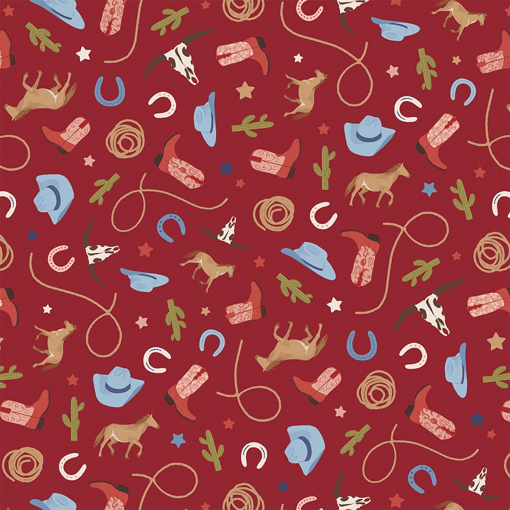 Eugene Textiles Red Cowboy Toss Cotton Quilting Fabric